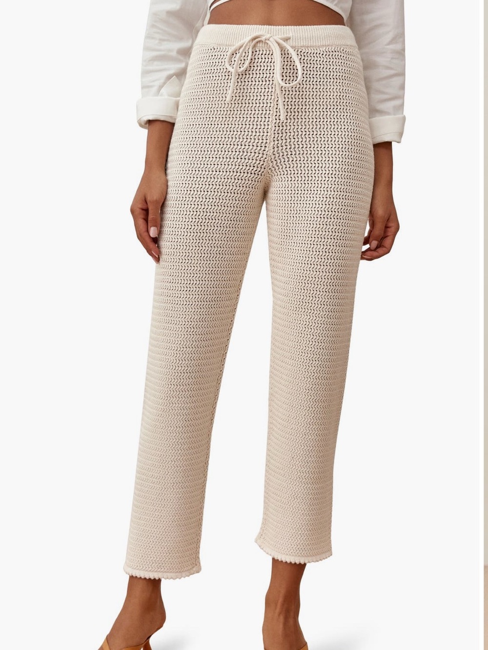 Reformation Cream Crochet Knit Drawstring Ankle Pants